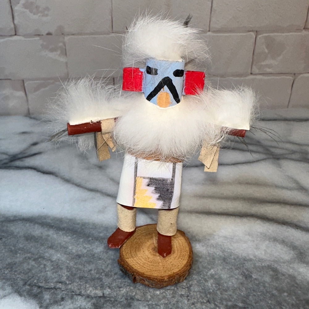 Handmade Eagle Dancer Kachina Doll Artisan Signed Wood Faux Fur Southwestern Art